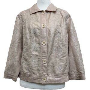 Chico’s Pink Button Front Silver Embroidered 3/4 Sleeve Linen Blend Jean Jacket
